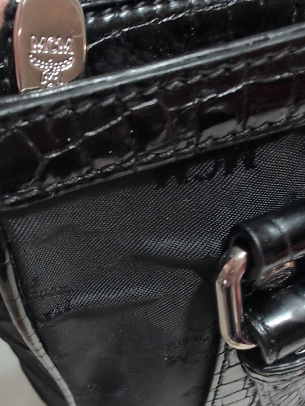 MCM Black Nylon Signature Monogram & Patent Leather Croc Embossed Trim Tote NEW - Picture 6 of 17